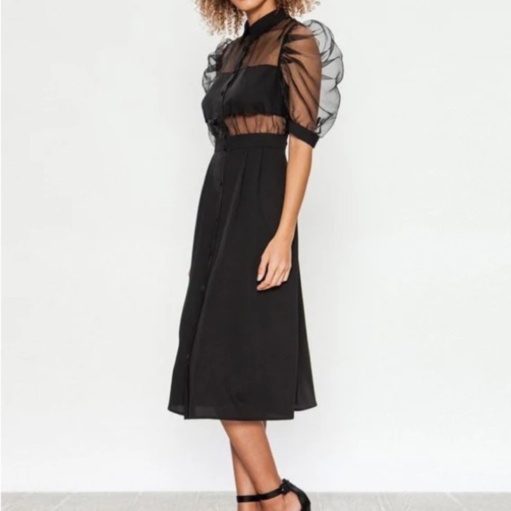 Jealous Tomato Sheer Midi Dress with Puff Sleeves